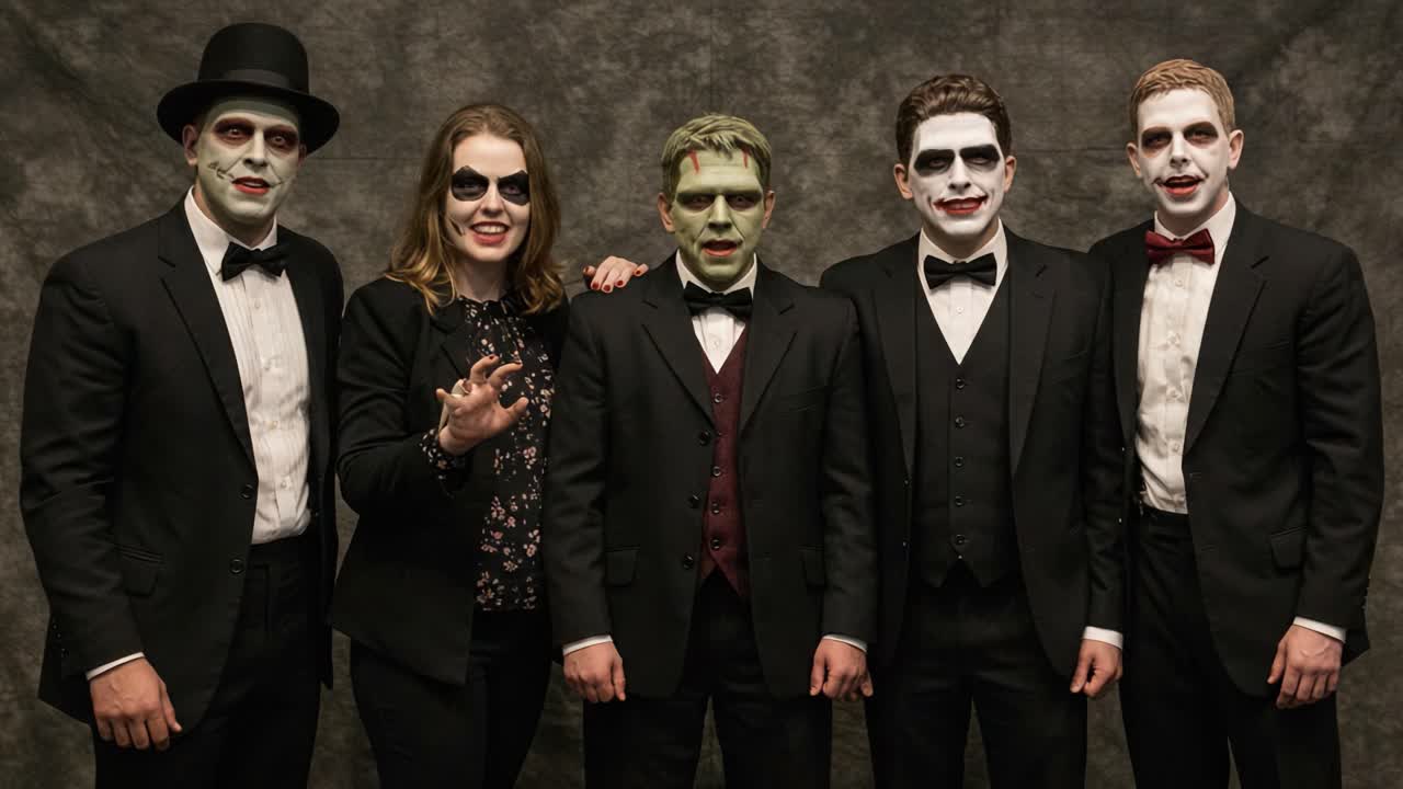A Captivating Group Portrait of Spooky Characters in Formal Attire, Masterfully Portraying Classic Horror Figures with Gripping Expressions and Unique Styles