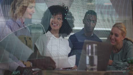 Animation-of-statistics-and-data-processing-over-smiling-diverse-colleagues-clapping-at-meeting