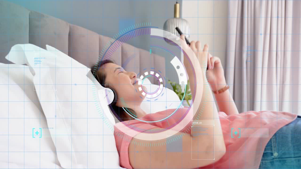 Woman reclining on bed tapping phone and initiating HUD overlaying screen for app demo