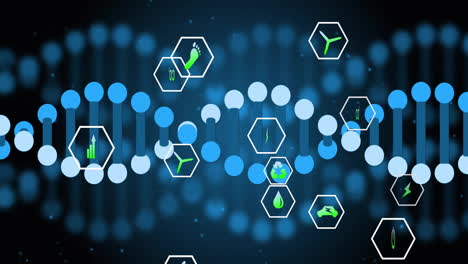 dna strand with hexagonal icons, scientific data processing animation