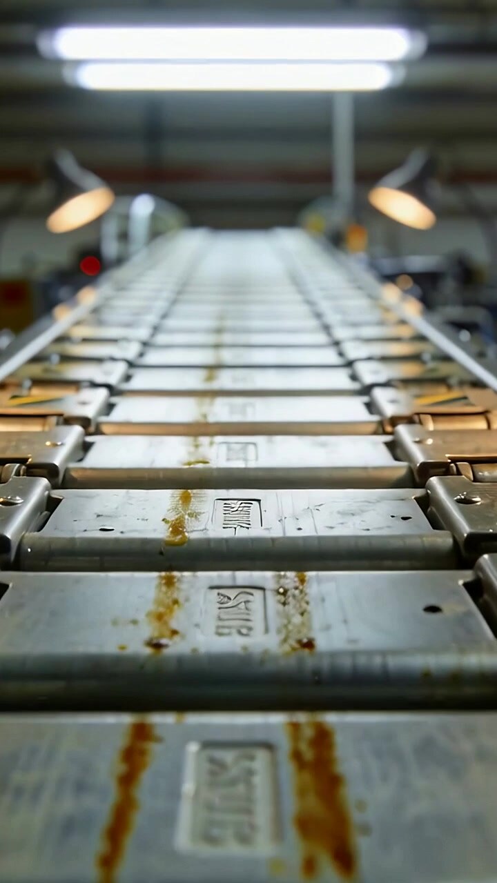 Vertical video: Motor driving conveyor plates advancing toward lens at plant revealing brown grease