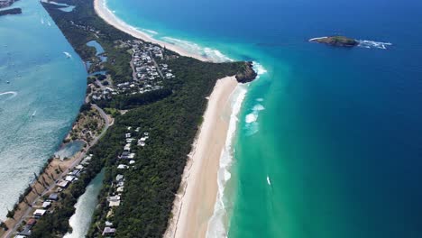 fingal head beach and tweed river in new south wales, australia - aerial panoramic