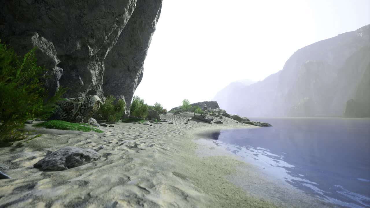 Rocky Beach Meets Misty River Landscape