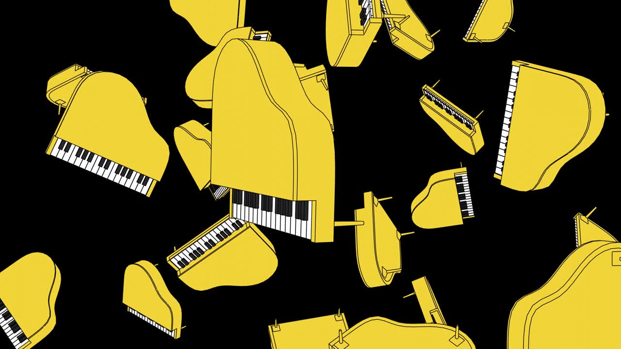 Molti pianoforti gialli su sfondo nero