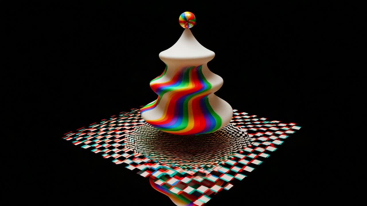 A vibrant, mesmerizing abstract sculpture featuring a swirling colorful design atop a dynamic patterned base, set against a stark black background, creating an eye-catching visual experience