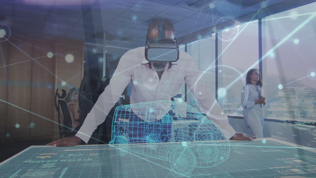 Using virtual reality headset, man viewing car animation in modern office