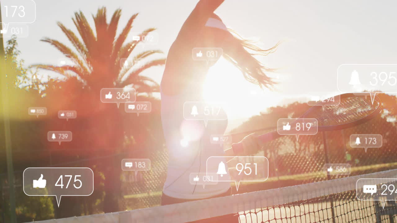 Female tennis player celebrating with racket and social media icons driving sports marketing