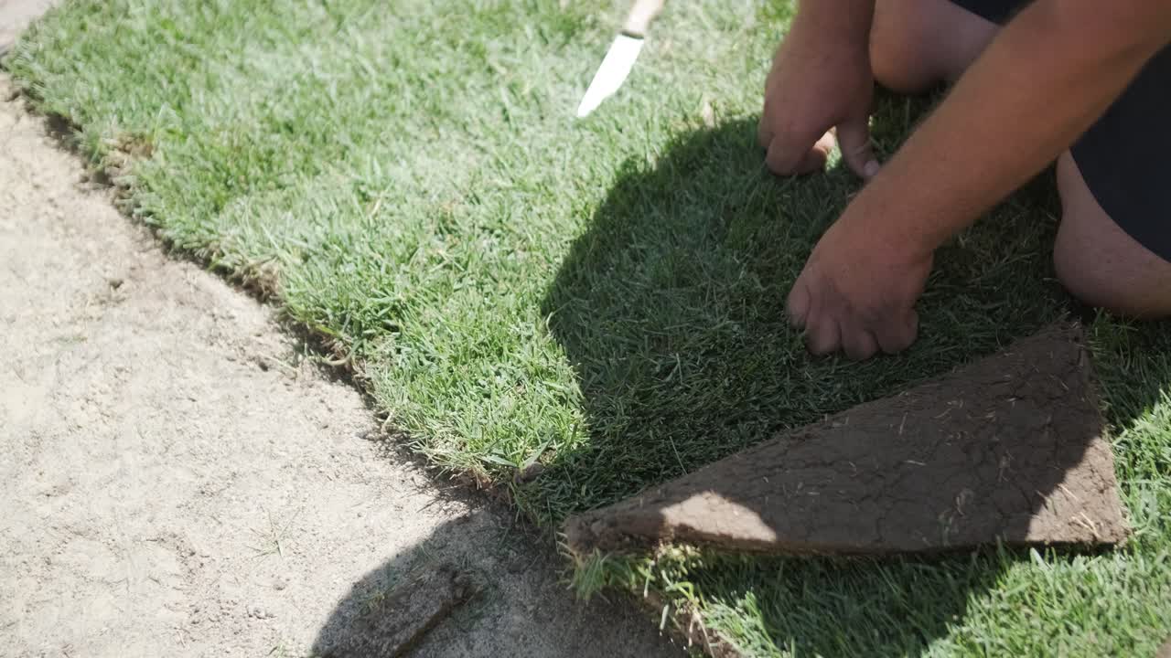 hombre colocando césped en el jardín del patio trasero para la instalación de césped y proyecto de jardinería, centrado en la mejora del hogar y el mantenimiento al aire libre para un césped fresco y verde en un patio residencial