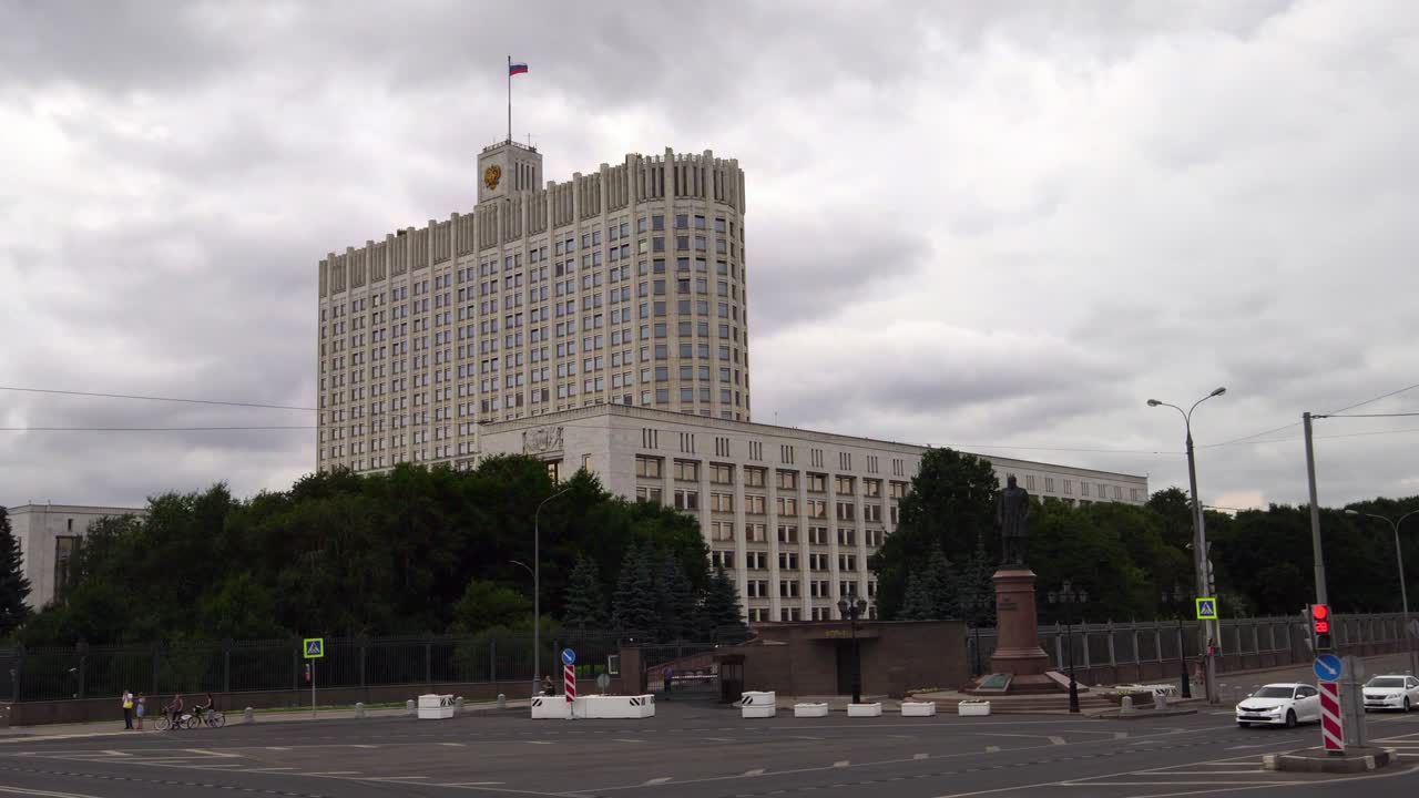 Establishing drone shot of soviet architecture buildings in Moscow Russia