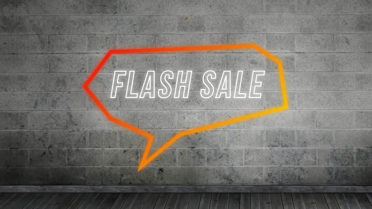 회색 벽에 오렌지색 연설 거품으로 플래시 판매 그래픽