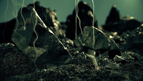 barren volcanic rocks with billowing smoke and fiery debris, embodying the concept of destruction and natural forces