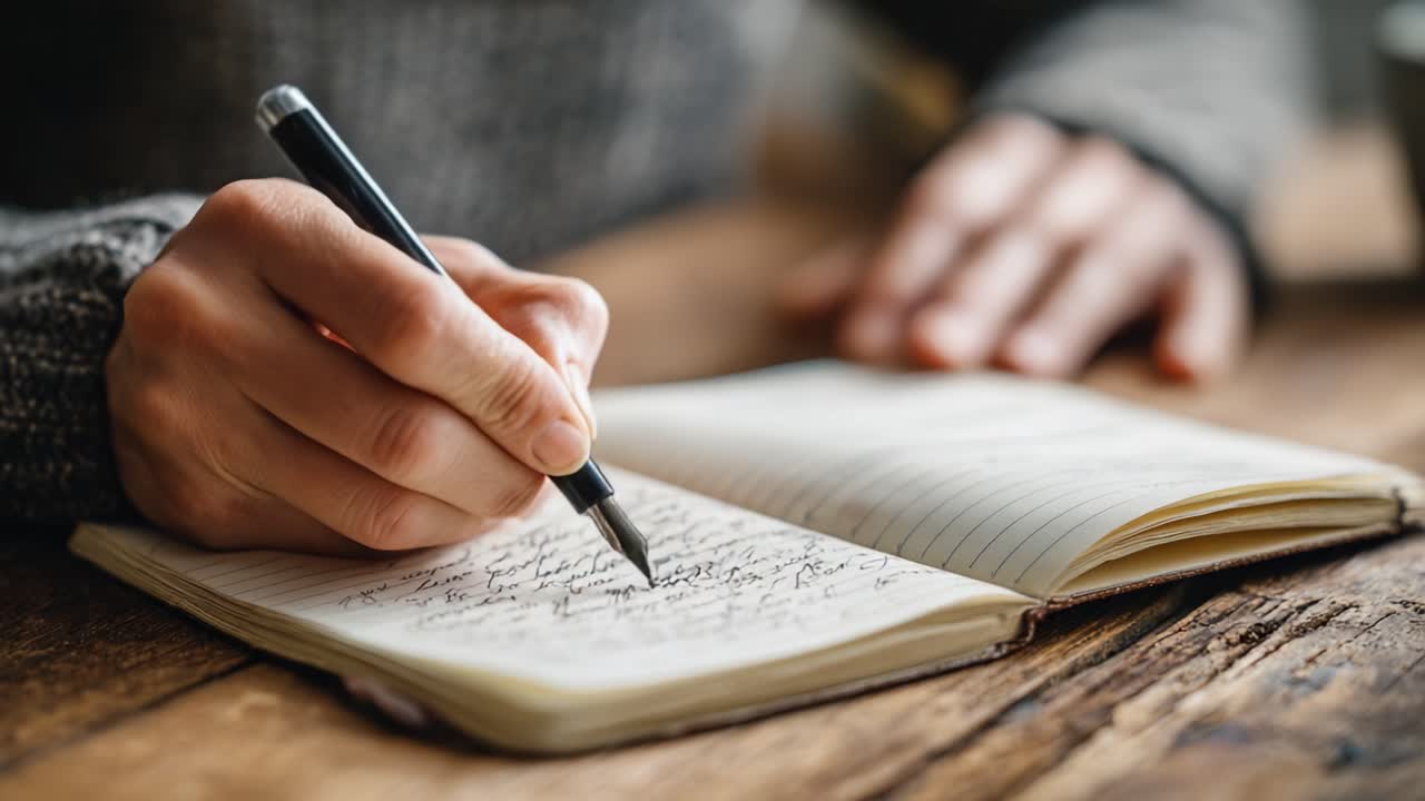 A Close-Up of a Hand Writing in a Notebook, Capturing the Intimate Process of Note-Taking with a Fountain Pen on a Wooden Table