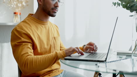 remote work, laptop and business man in house