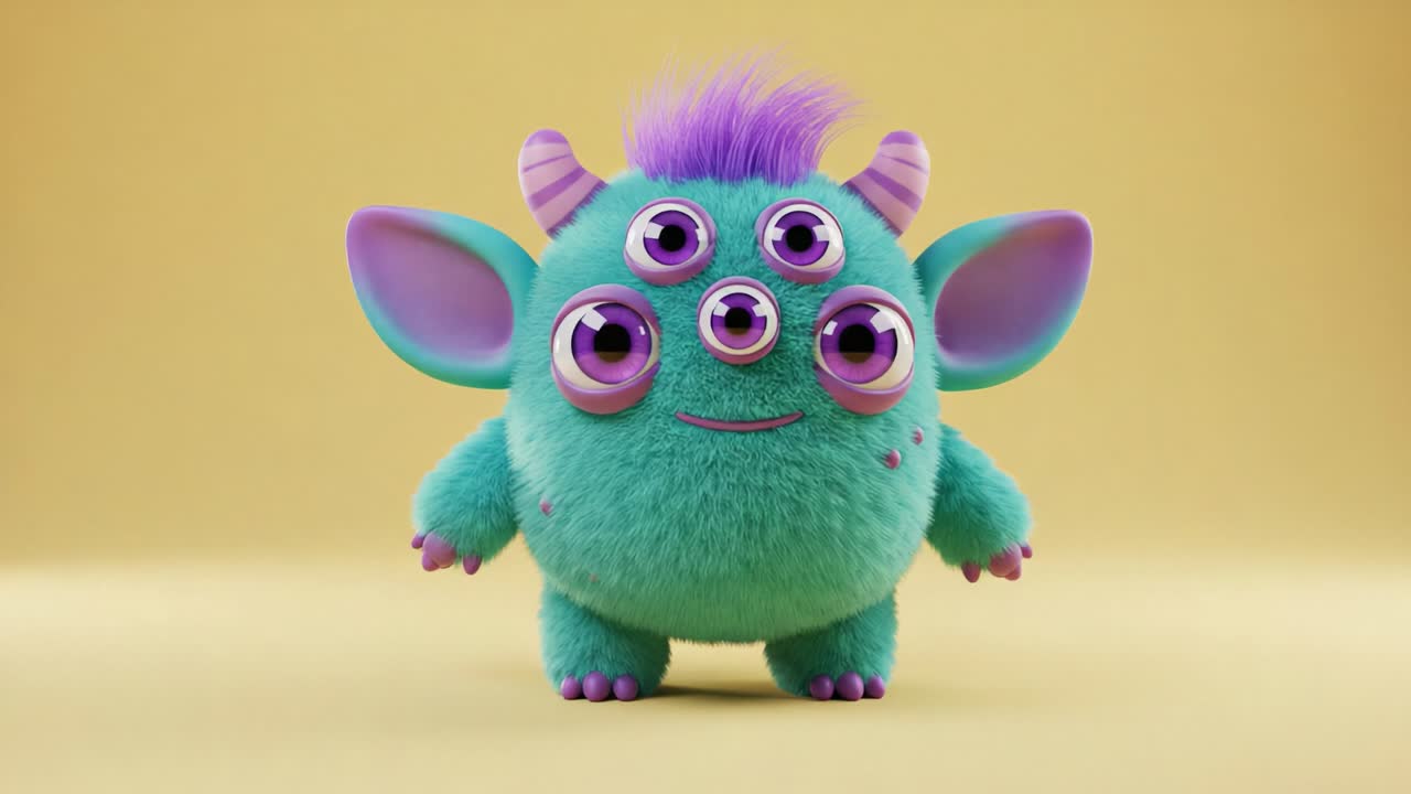 Entzückender und farbenfroher dreikäugiger Monstercharakter mit flauschigem Fell und verspieltem Ausdruck, vor einem leuchtend gelben Hintergrund im lustigen Animationsstil.