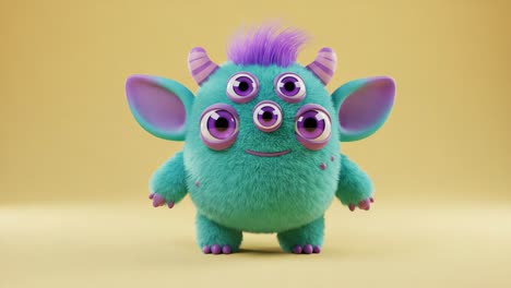 adorable and colorful three-eyed monster character with fluffy fur and playful expression, set against a vibrant yellow background in a fun animated style