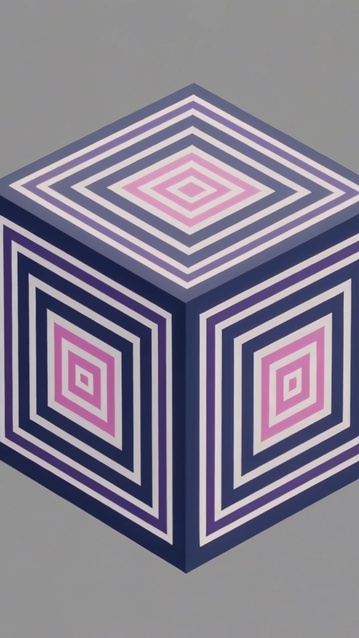 Vertical video: Shifting camera showing patterned cube rotating on gray set second cube peeking