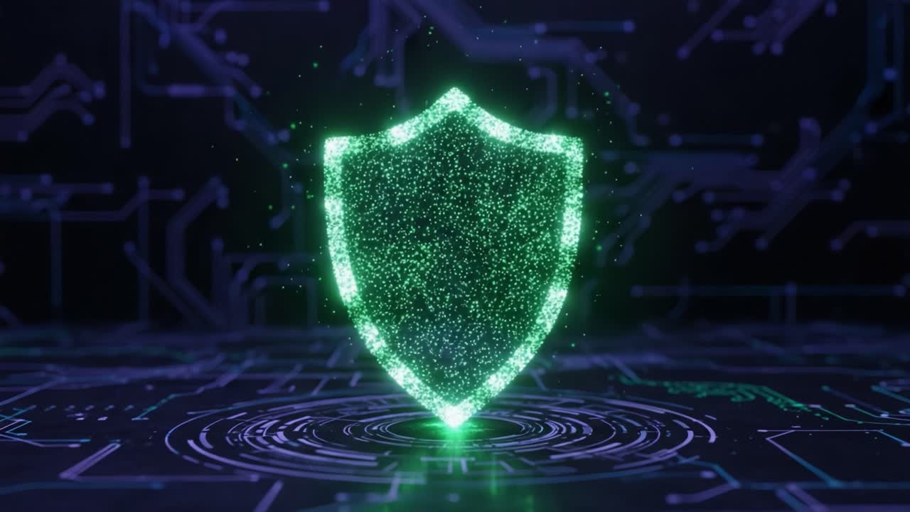 A Futuristic Green Shield Emphasizing Security and Protection in a Digital World, Surrounded by Circuit Patterns and Glowing Effects in a High-Tech Environment