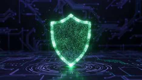 a futuristic green shield emphasizing security and protection in a digital world, surrounded by circuit patterns and glowing effects in a high-tech environment
