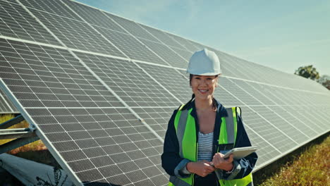 Happy-woman,-engineer-and-solar-panel-with-tablet