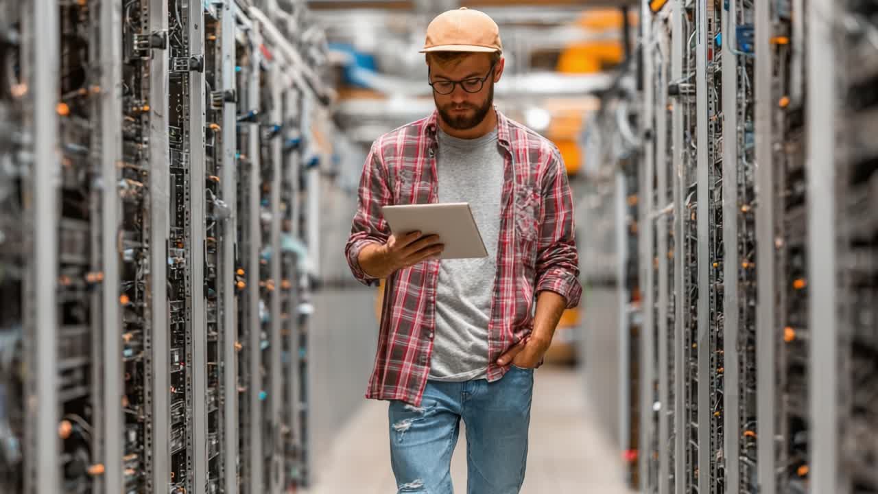 A Focused Individual Navigating Through a Data Center, Engaged with Technology While Surrounded by Rows of Computer Servers and High-Tech Equipment