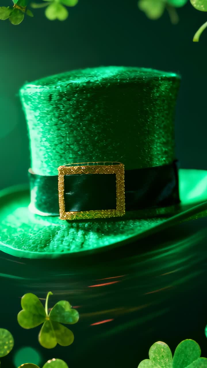 Vertical video: Rotating green top hat by streaks, revealing gold buckle and clovers in studio