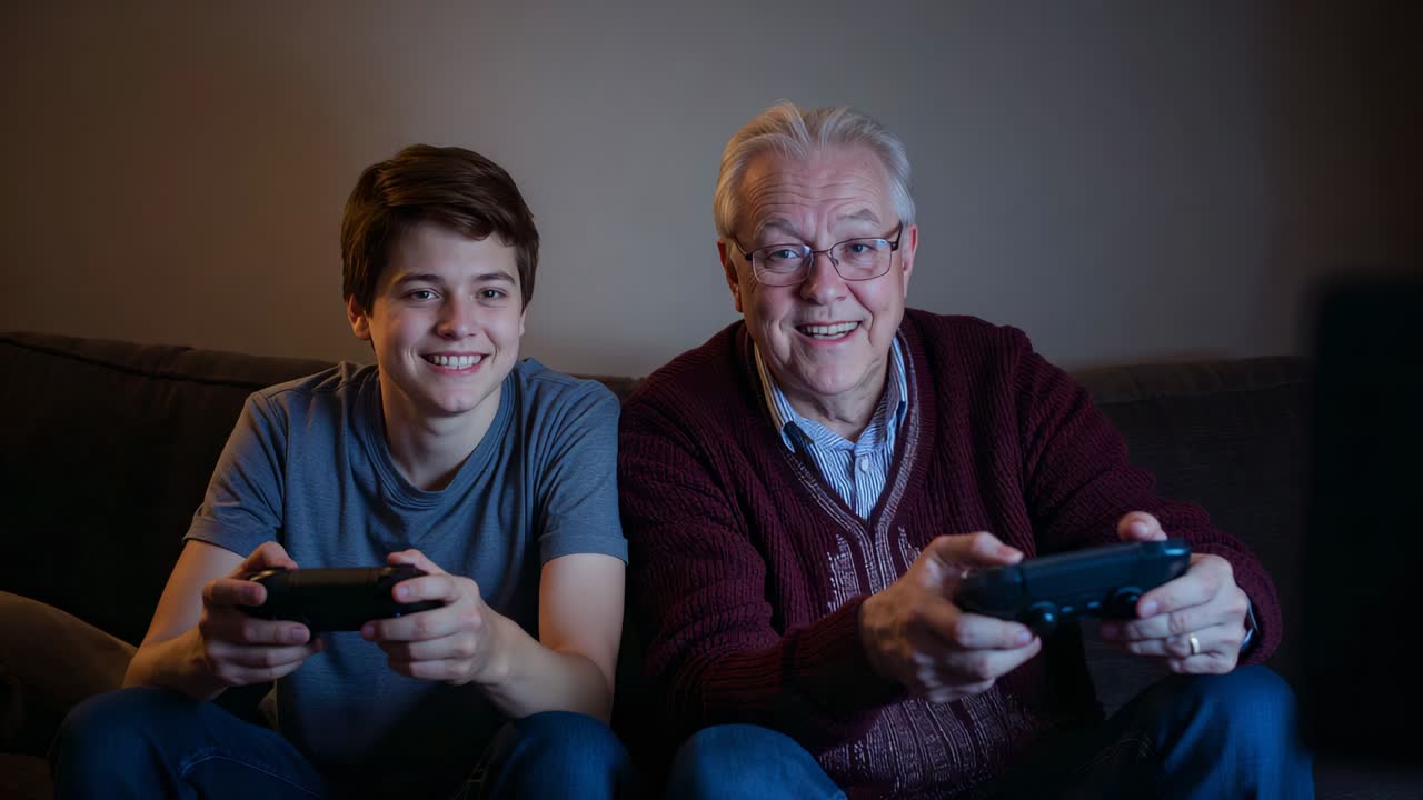 Pressing start teen grandpa playing at home on couch holding gamepads gray tee glasses bonding