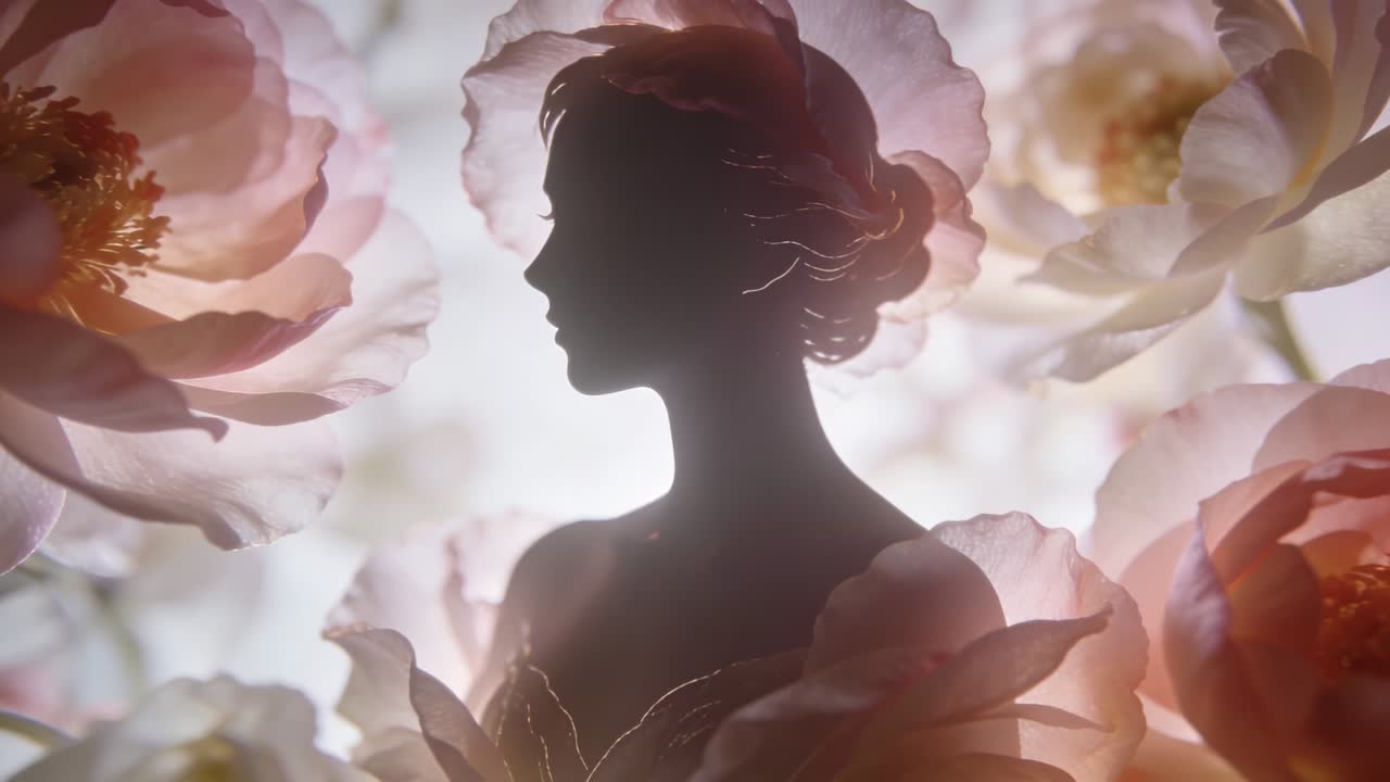 Profilo di donna che si rivela in posa sul set mentre la retroilluminazione si alza, con petali che si muovono e linee dorate che accentuano il viso.