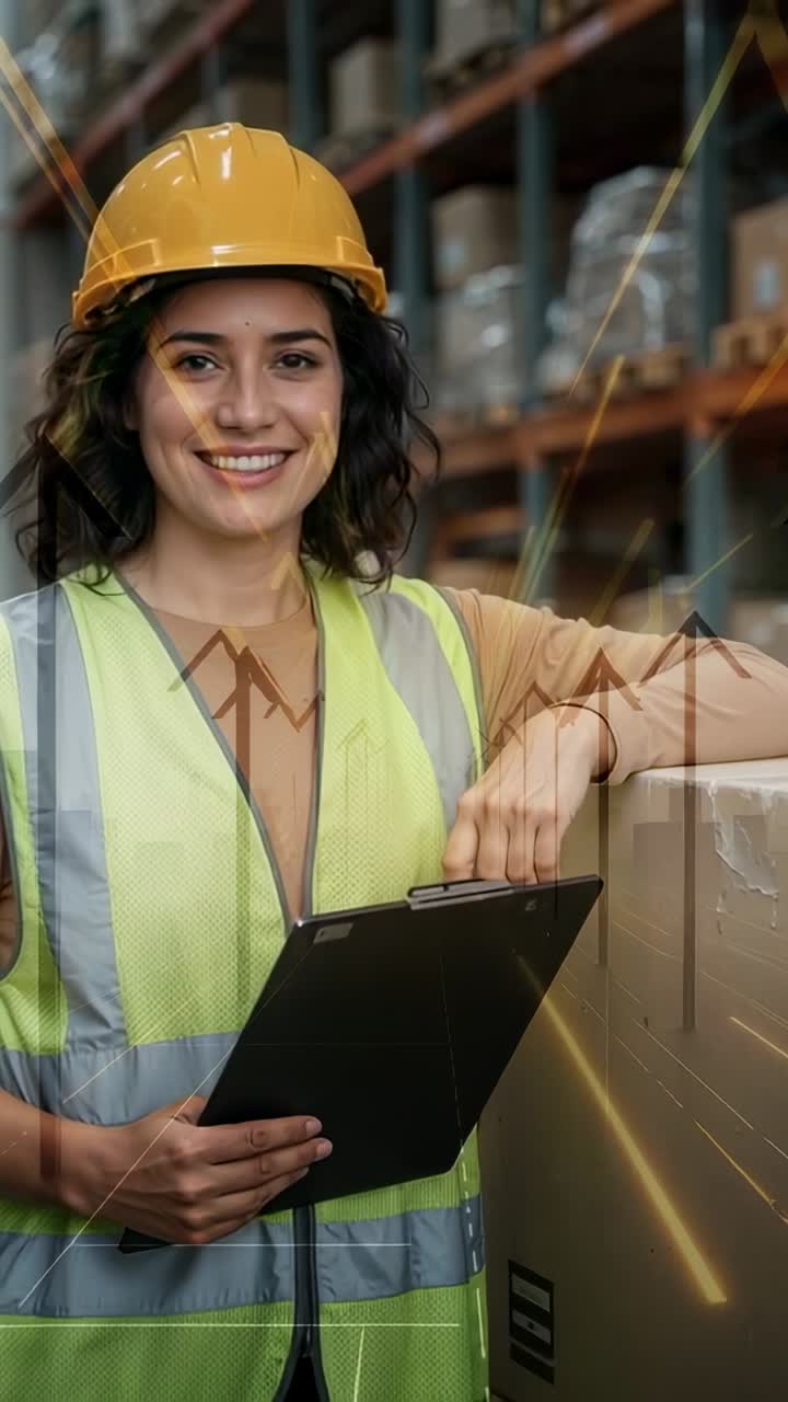 Video verticale: Magazziniere con cappello che modifica gli appunti per la revisione dei dati con frecce in aumento