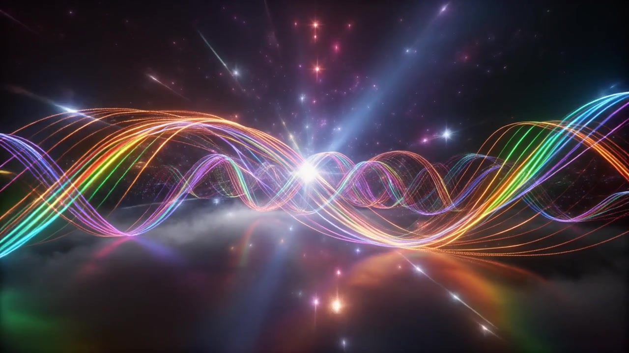 Onde luminose astratte arcobaleno che fluiscono nello spazio scuro