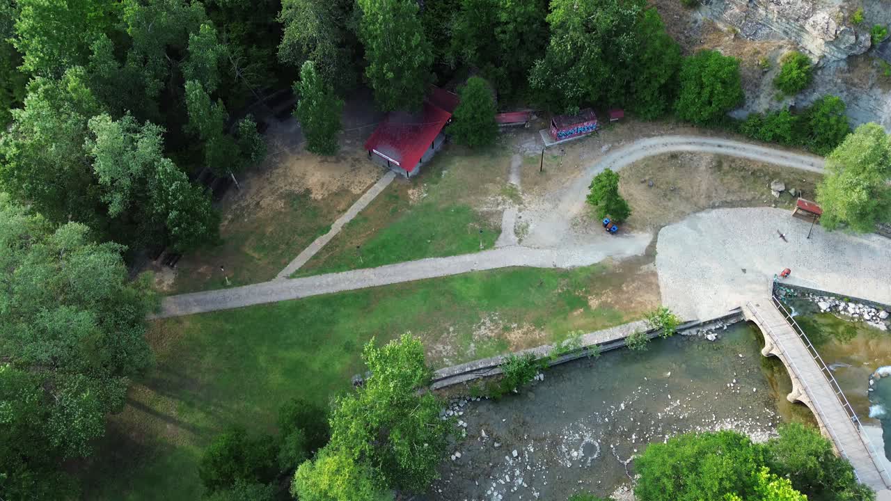 Nestorio River Party music festival camping Greece holiday park empty aerial drone Aliakmonas River