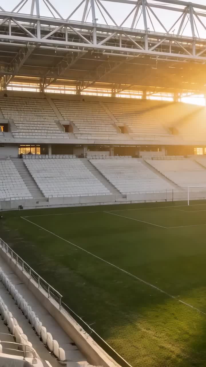 Video verticale: Telecamera panoramica bassa, la conca dello stadio al tramonto che rivela sedili vuoti, luce solare sulla struttura.