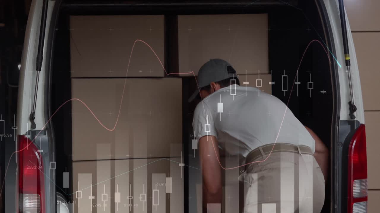 animación de estadísticas y procesamiento de datos financieros sobre el repartidor y la furgoneta