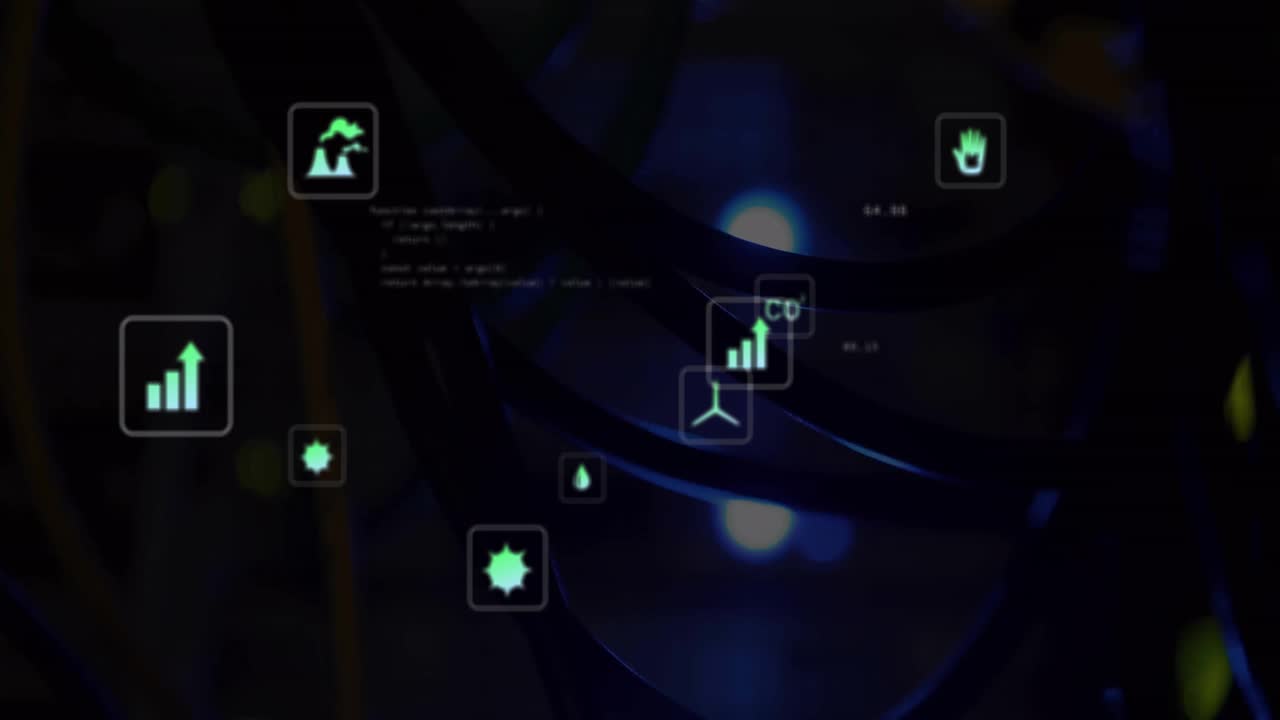 Animation of ecology icons and data processing on black background