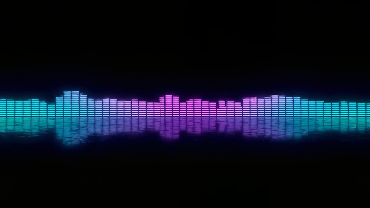 Surging digital equalizer bars receiving audio signal over black void, with reflective floor plane