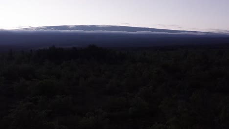 Aufsteigender-Dolly-Luftflug,-Der-über-Baumwipfel-In-Richtung-Des-Vulkans-Mauna-Loa-Fliegt,-Der-Bei-Sonnenuntergang-Auf-Der-Insel-Hawaii-Silhouettiert-Wird