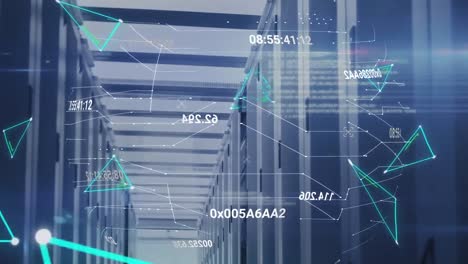 Animation-of-changing-numbers-over-spinning-globe-and-plexus-networks-against-computer-server-room