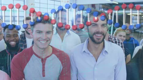 Dna-structure-spinning-and-data-processing-against-diverse-office-colleagues-smiling-at-office