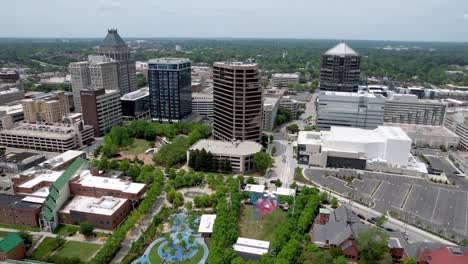 aerial-wide-push-into-greensboro-nc,-north-carolina-skyline