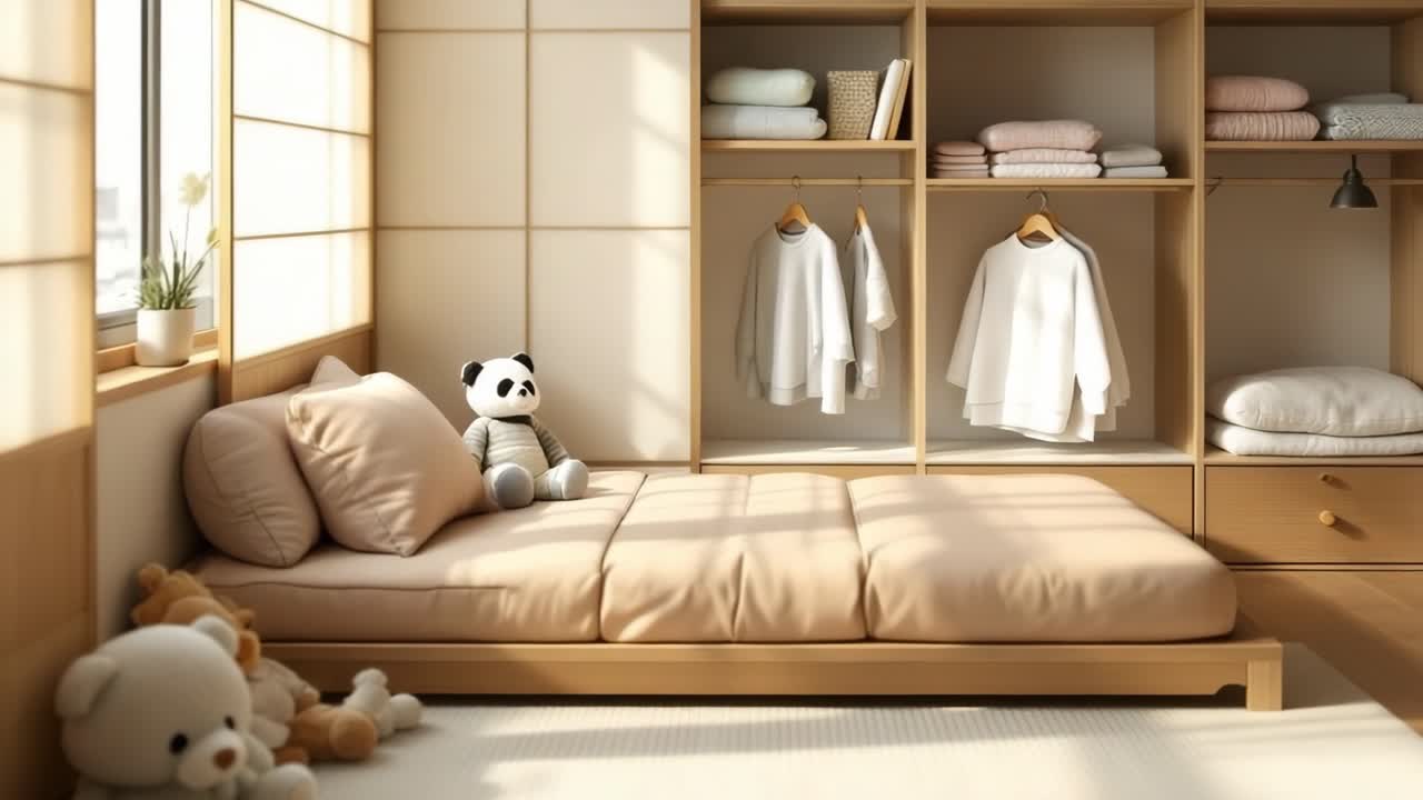 Cozy bedroom interior featuring a soft bed with neutral bedding, plush toys, and organized shelves, creating a serene and inviting atmosphere for relaxation and comfort