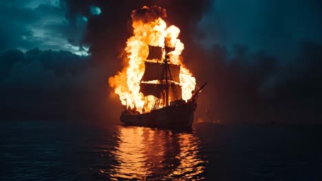 a boat on fire in the middle of the ocean at night