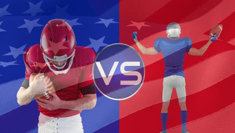 animation of american flag with two male american football players with vs text