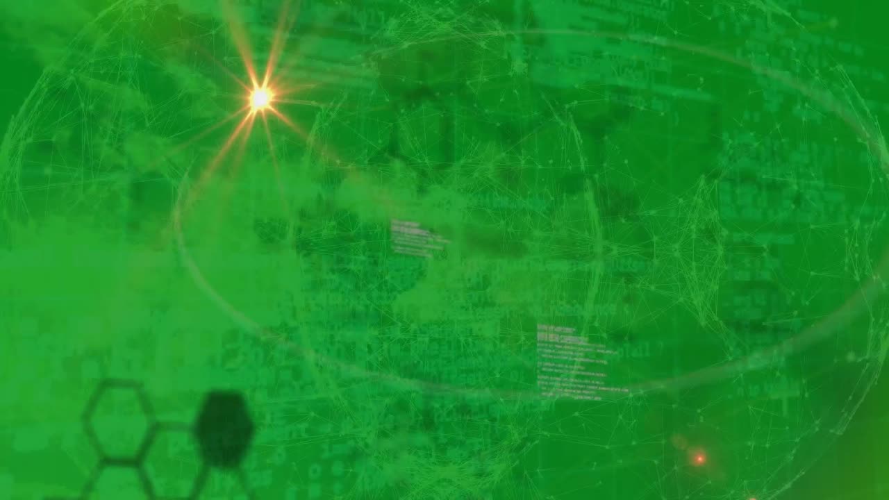 animación del procesamiento de datos y puntos de luz sobre fondo verde