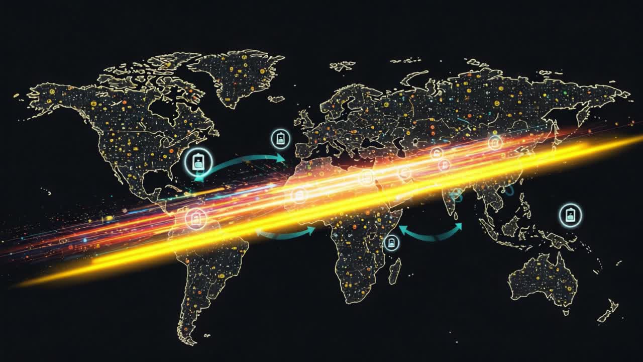 Dynamic Global Network Visualization Highlighting Data Streams and Connectivity Across Continents with Vibrant Light Trails and Interaction Points