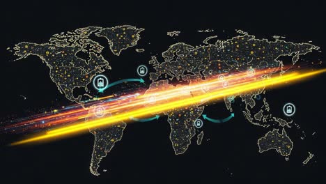 dynamic global network visualization highlighting data streams and connectivity across continents with vibrant light trails and interaction points