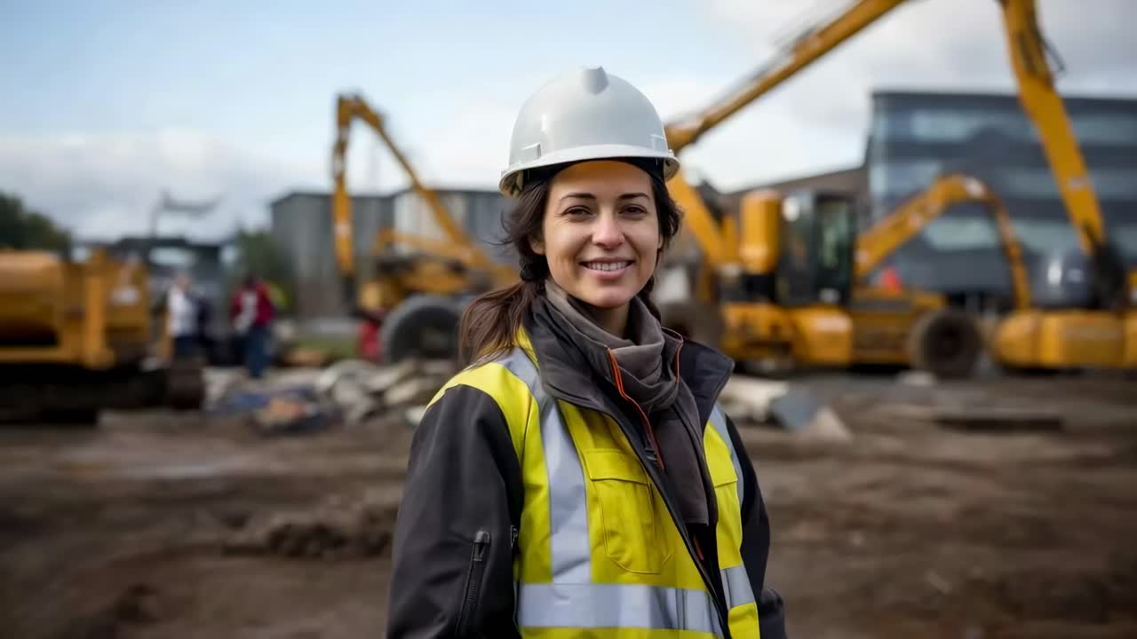 A mid-shot video captures a smiling construction worker in a hard hat and safety vest, with blurred