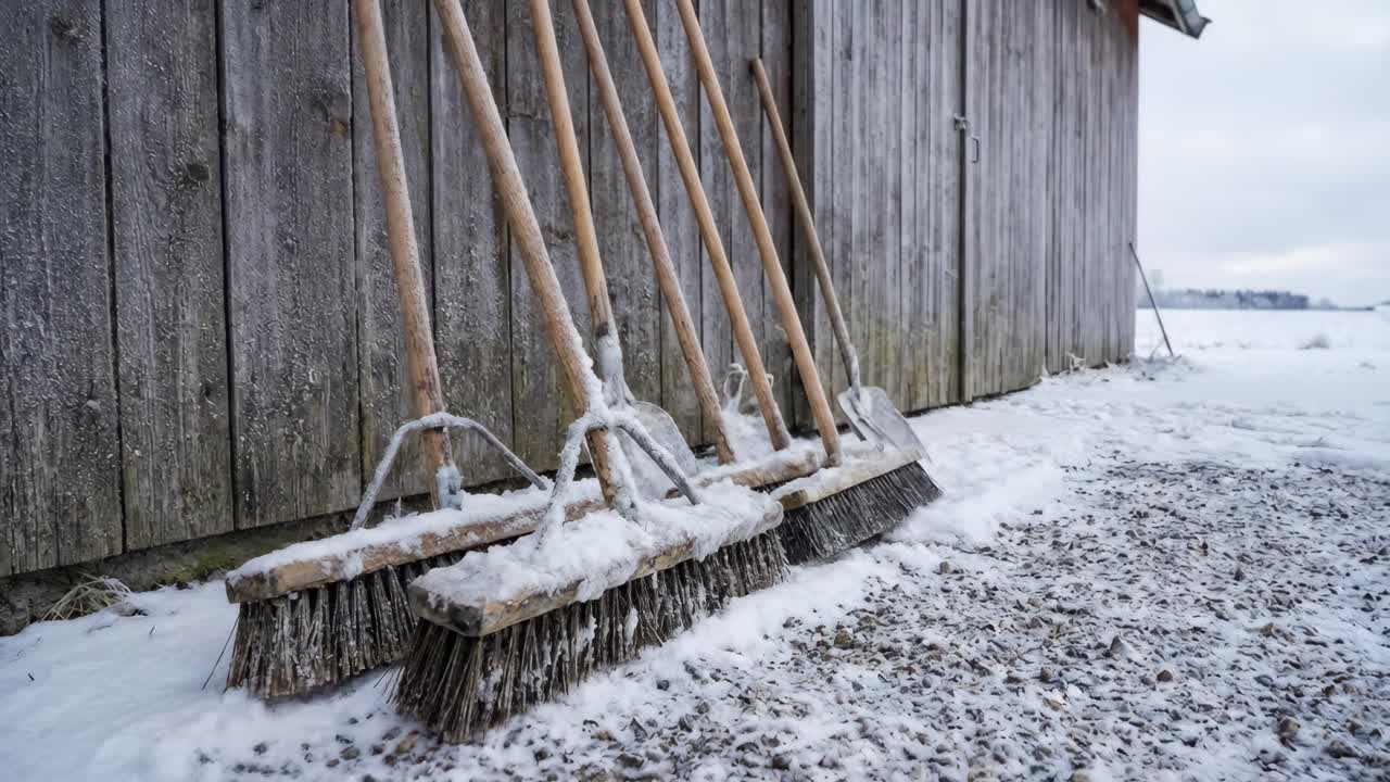 Koster og spade lener seg mot et treskur i vintersnøen