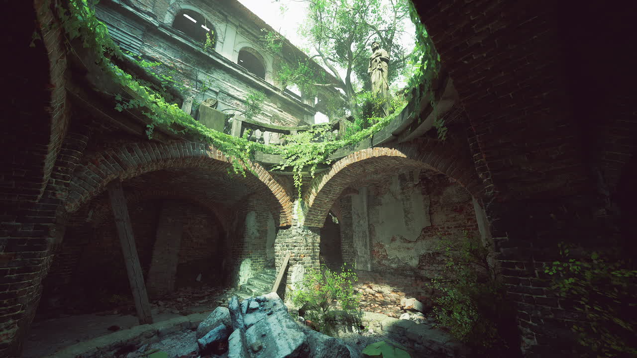 Nature reclaims overgrown ruins in a forgotten space