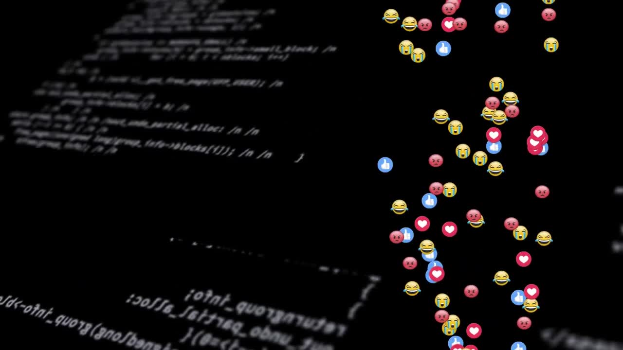 Animation of emojis floating over data processing on black background