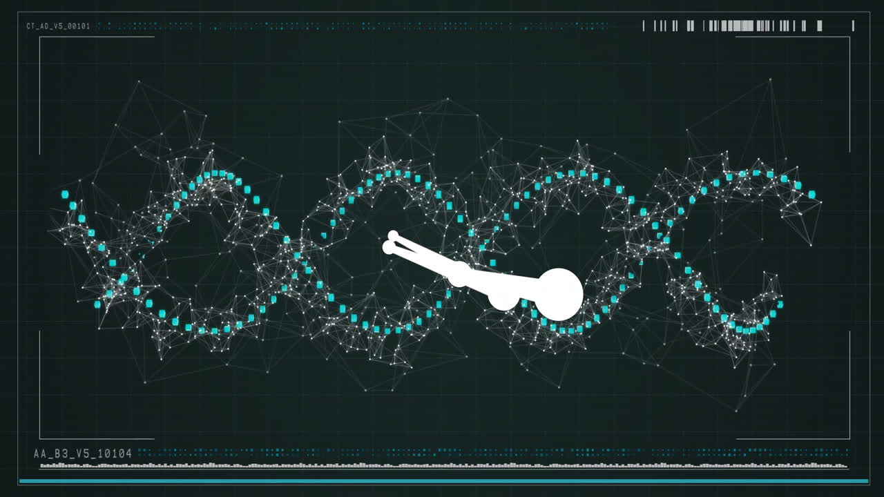 디지털 그리드 배경에서 dna 스트랜드 및 분자 구조 애니메이션