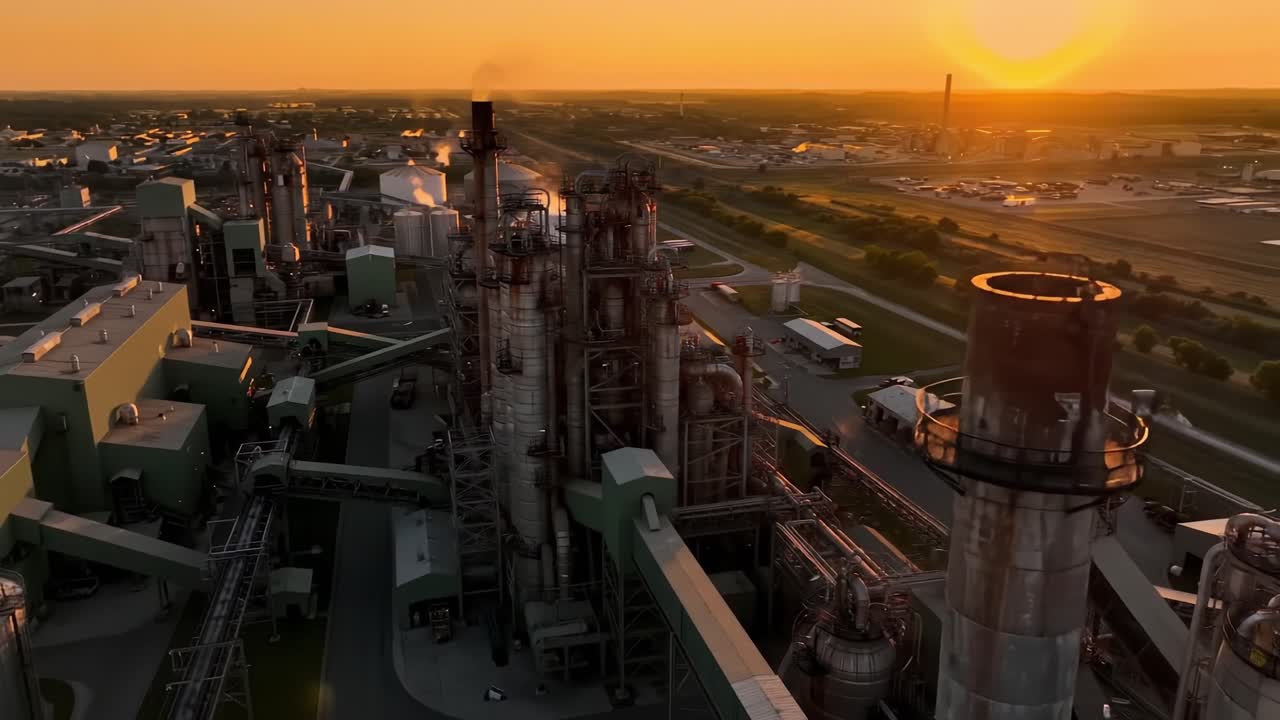 Aerial View of an Industrial Complex at Sunset, Showcasing Complex Machinery and Structures with Smoke Emitting from Towers in a Vibrant Golden Atmosphere